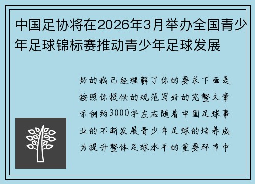 中国足协将在2026年3月举办全国青少年足球锦标赛推动青少年足球发展