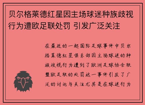 贝尔格莱德红星因主场球迷种族歧视行为遭欧足联处罚 引发广泛关注